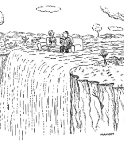 Mankoff cartoon of couple sitting in waterfall for caption contest